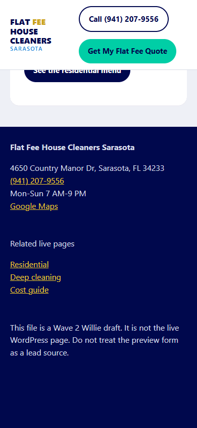 Willie landing preview capture willie-preview-mobile-footer.png. Agency draft only. Not the live client site.